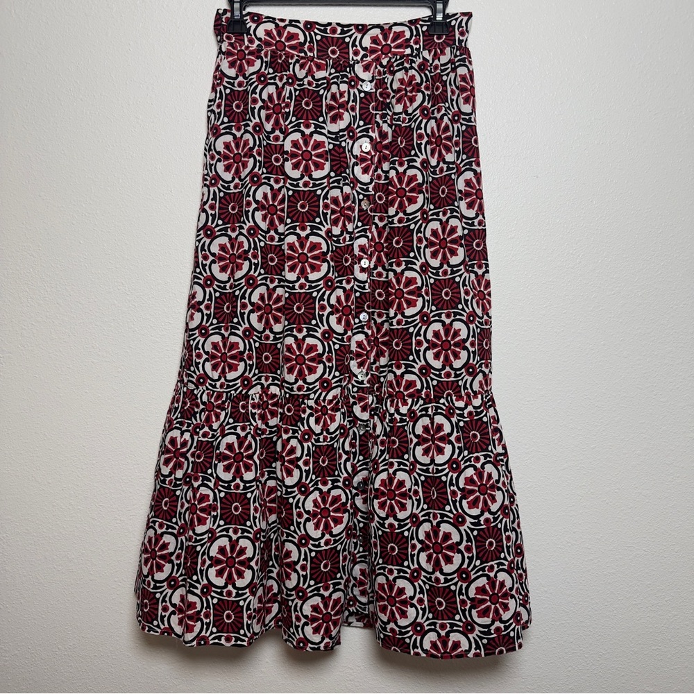 Xirena Taryn Midi Skirt Size S Tiered Cotton Boho Button Front Majorca Mosaic - Picture 3 of 7